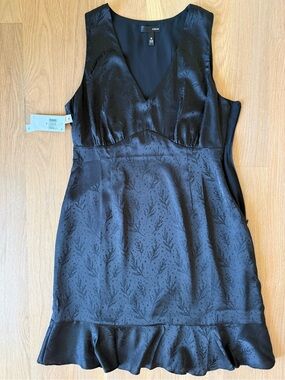 Aqua Black V-Neck Satin Jacquard Slip Dress with Ruffle Hem